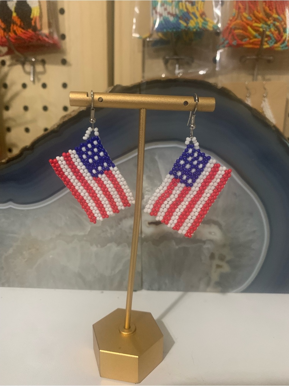 Handcrafted Beaded American Flag Dangle Earrings - Red, White & Blue